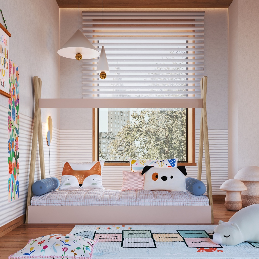 CAMA SINGLE INFANTIL CABANA MONTESSORI ITAPUA CON ROSA 190X80, CCM003ITRS
